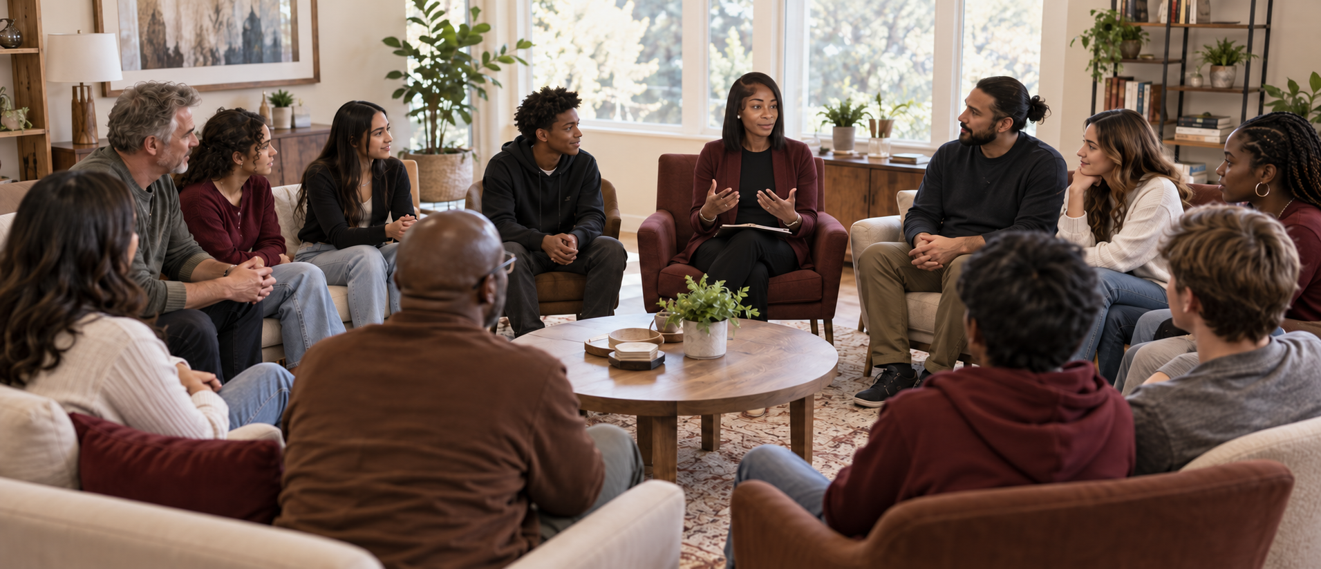 A NuStart clinician facilitating a diverse psychotherapy group of adults and adolescents