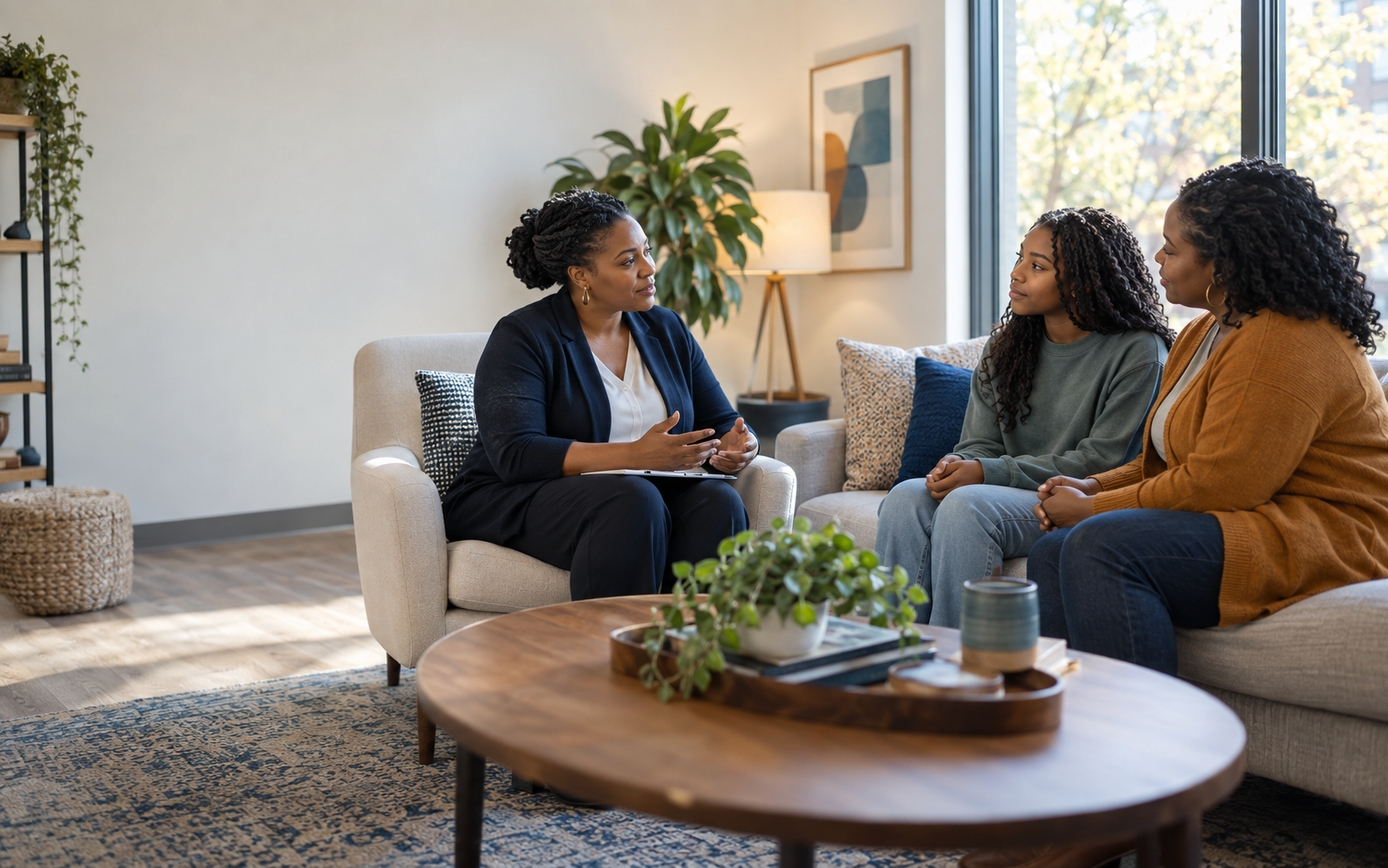 A clinician meeting with a mother and teenage daughter