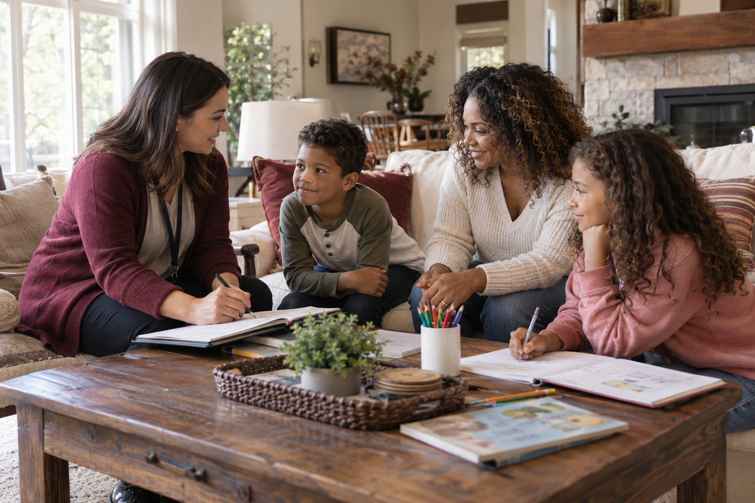 In-home clinician supporting children and their caregiver in a family living room