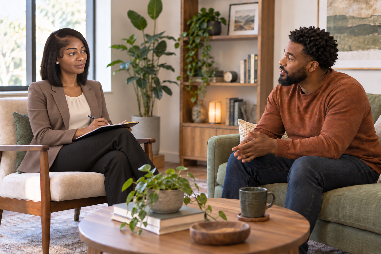 NuStart clinician meeting with an adult client in a calm therapy office