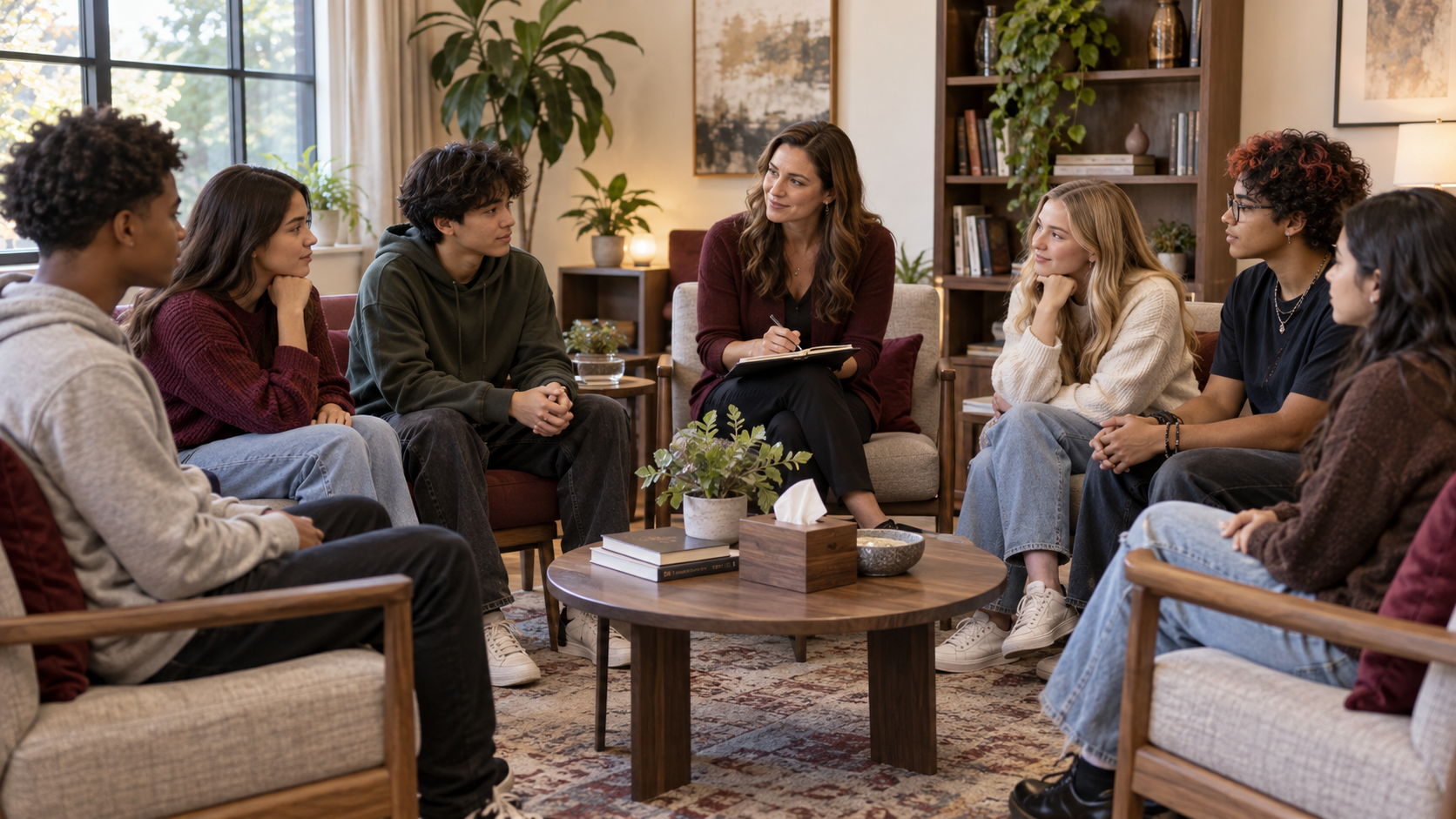 A clinician facilitating a supportive psychotherapy group for adolescents