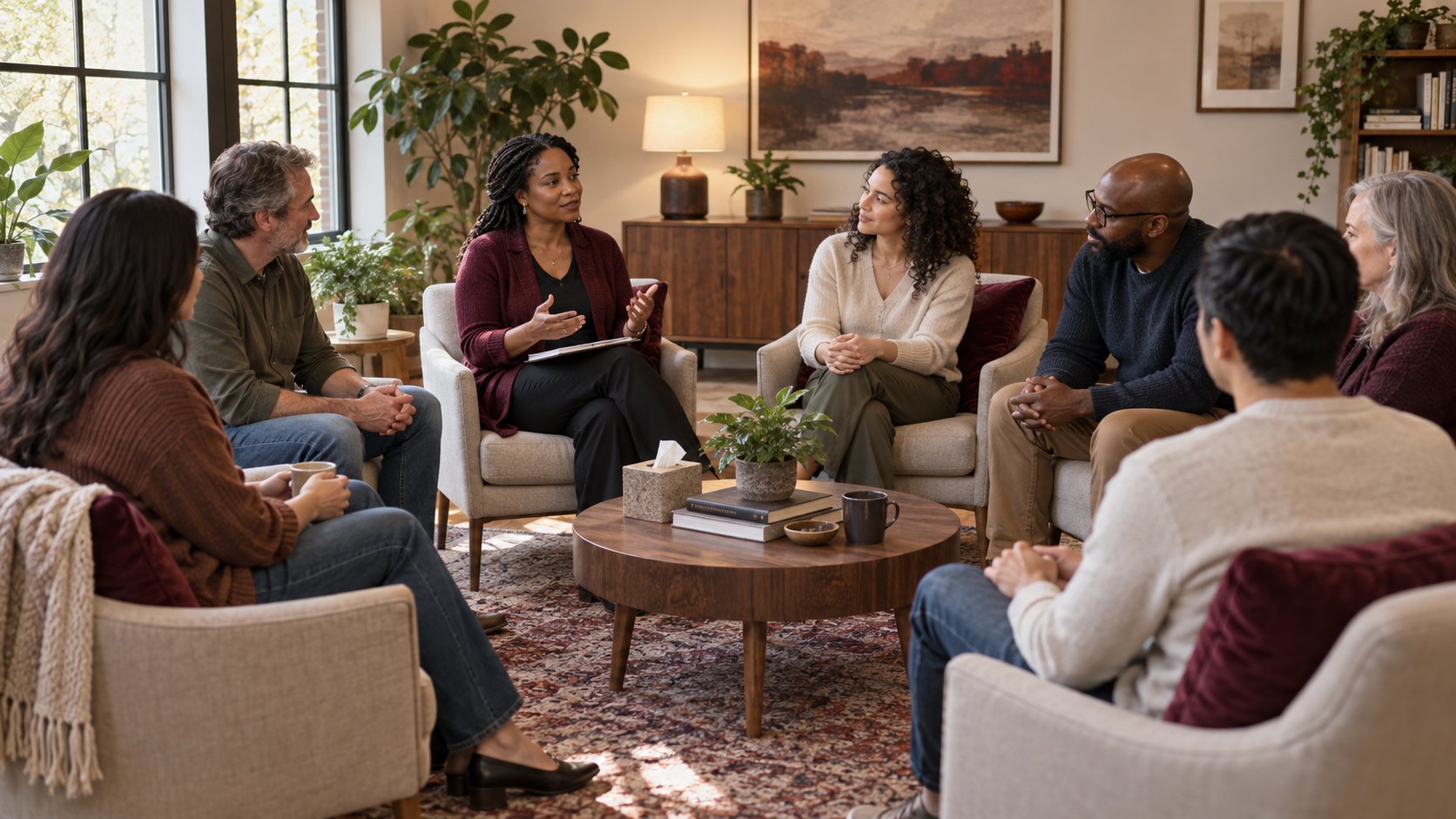 A clinician facilitating a professional psychotherapy group for adults